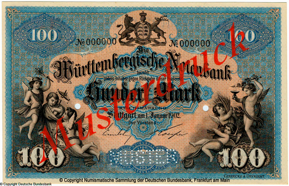 Württembergische Notenbank. Banknote. 100 Mark. 1. Januar 1902. MUSTER