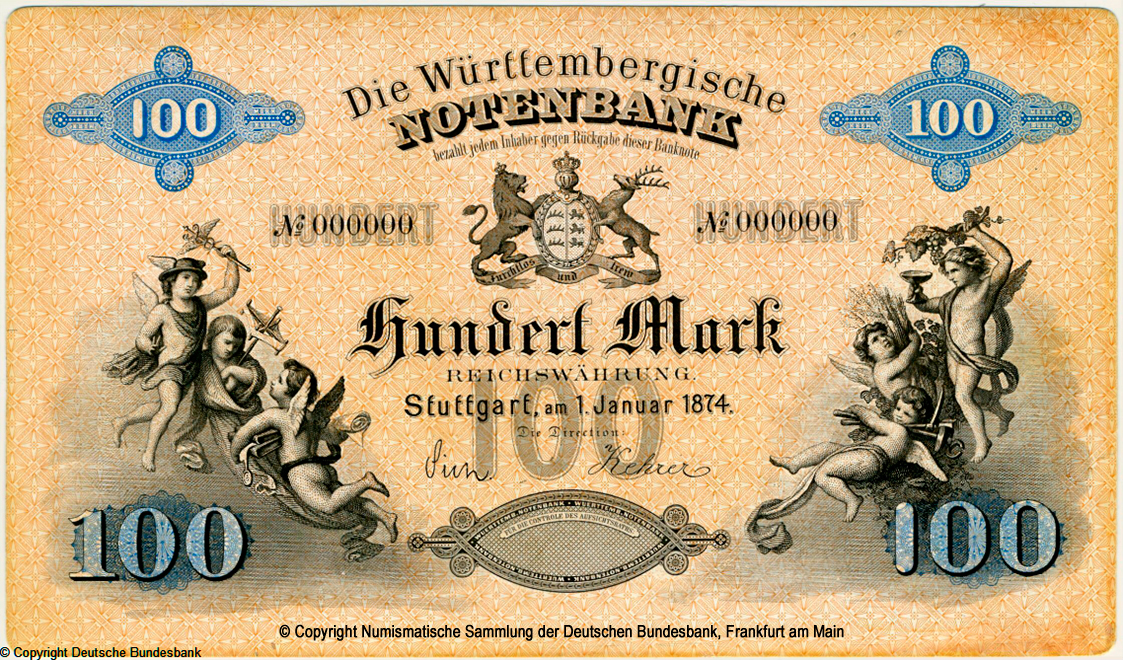Württembergische Notenbank Banknote. Banknote. 100 Mark. 1. Januar 1874. Reprint