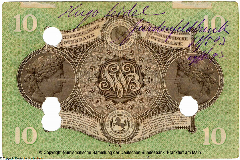 Württembergische Notenbank Banknote. 10 Gulden. 15. November 1871.