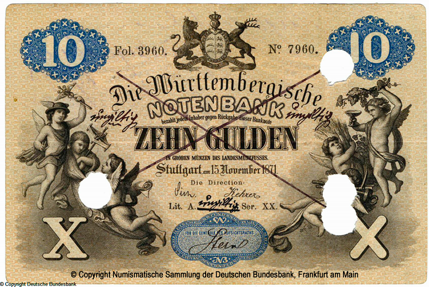 Württembergische Notenbank Banknote.  10 Gulden. 15. November 1871.