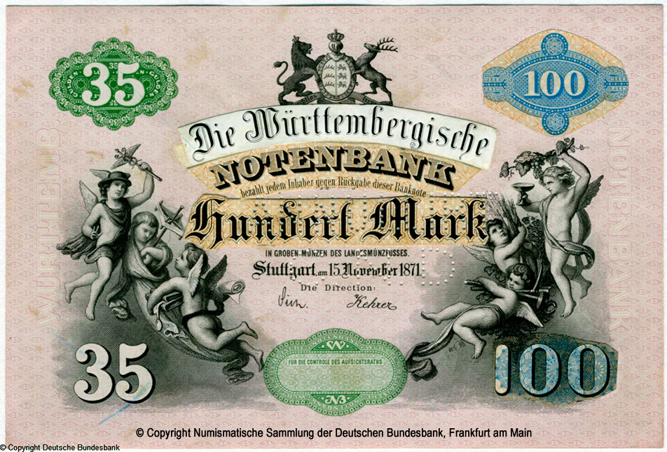 Württembergische Notenbank Banknote. 100 Mark. 1871. Kollage; Verfälschung