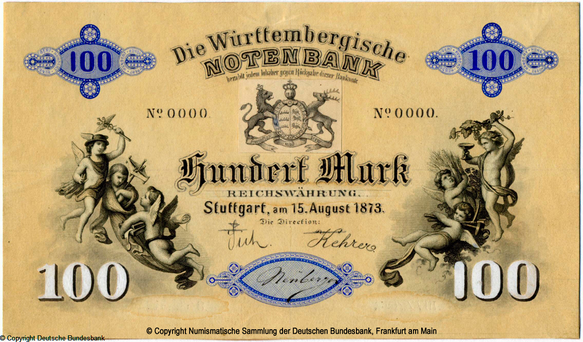 Württembergische Notenbank Banknote. 100 Mark. 1874. Kollage
