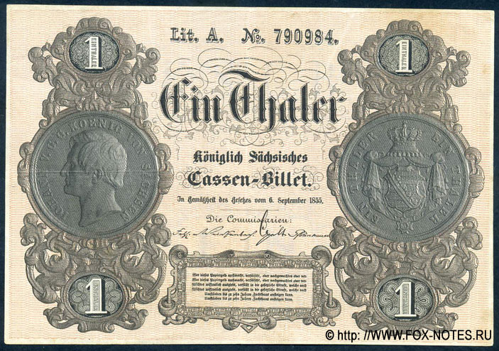 Koniglich Sachsische Interims Cassen Scheine. 1 Thaler. 1855.
