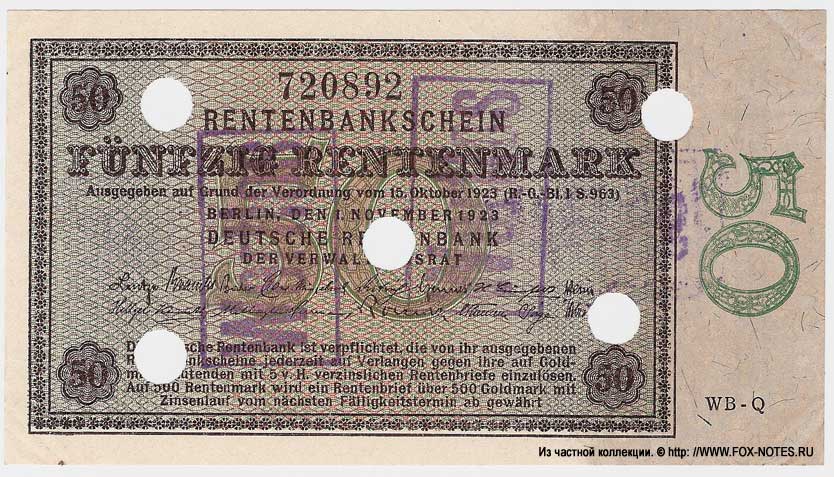 Deutschen Rentenbank. 50 Rentenmark. 1. November 1923.  