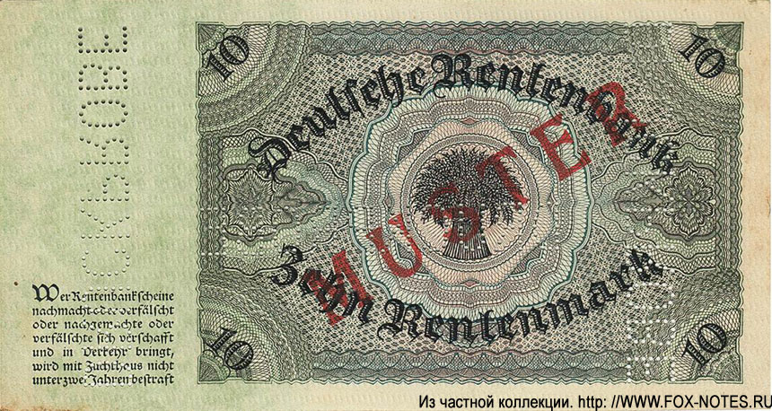 Deutschen Rentenbank. Rentenbankschein. 10 Rentenmark. 3. Juli 1925.  MUSTER