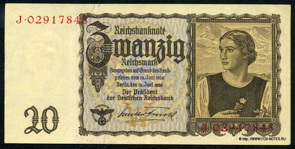 Reichsbank. Reichsbanknote. 20 Reichsmark. 15. Juni 1939.  (  20  1939)