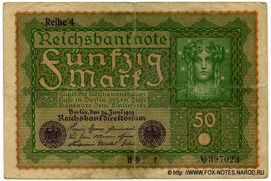 Reichsbank. Reichsbanknote. 50 Mark. Reihe 4. Druckerei Elsner, Berlin. 