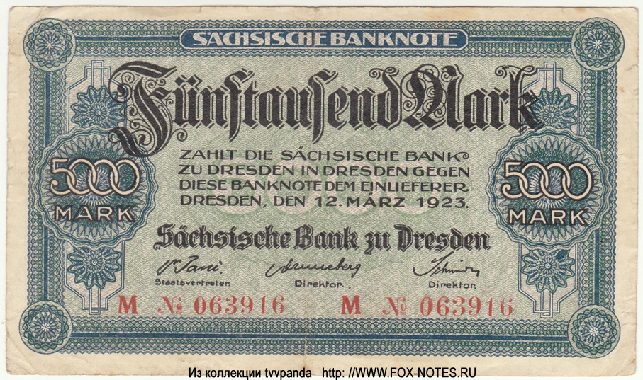 Sächsischen Bank zu Dresden. Banknote. 5000 Mark. 12. März 1923.