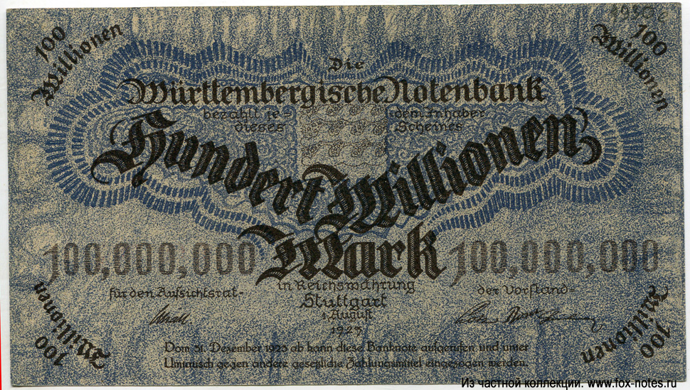 Württembergische Notenbank 100 Millionen Mark 1923