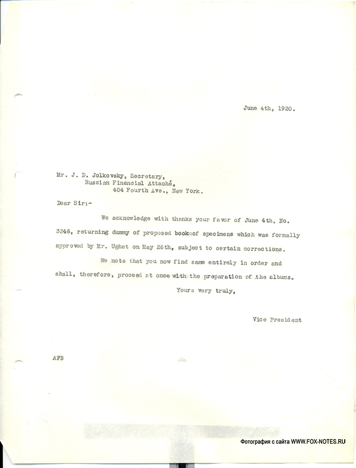    American Bank Note Co - June 4h, 1920./ Dear Mr. J. D. Jolkovski, Secretary, Russian Financial Attache, 404 Fourth Avenue, New York.