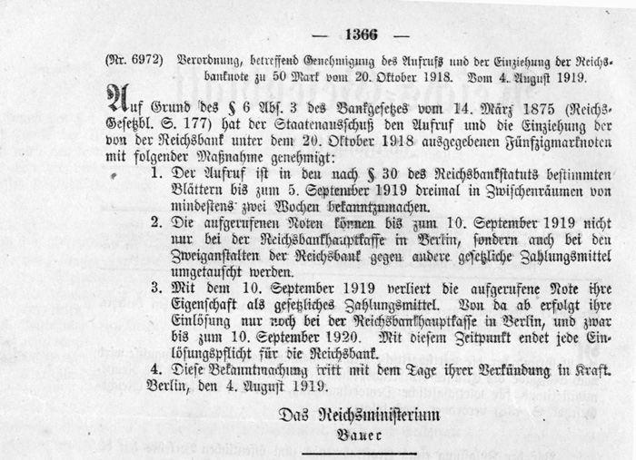 Verordnung, betreffend Genehmigung des Aufrufs und der Einziehung der Reichsbanknote zu 50 Mark vom 20. Oktober 1918. Vom 4. August 1919.