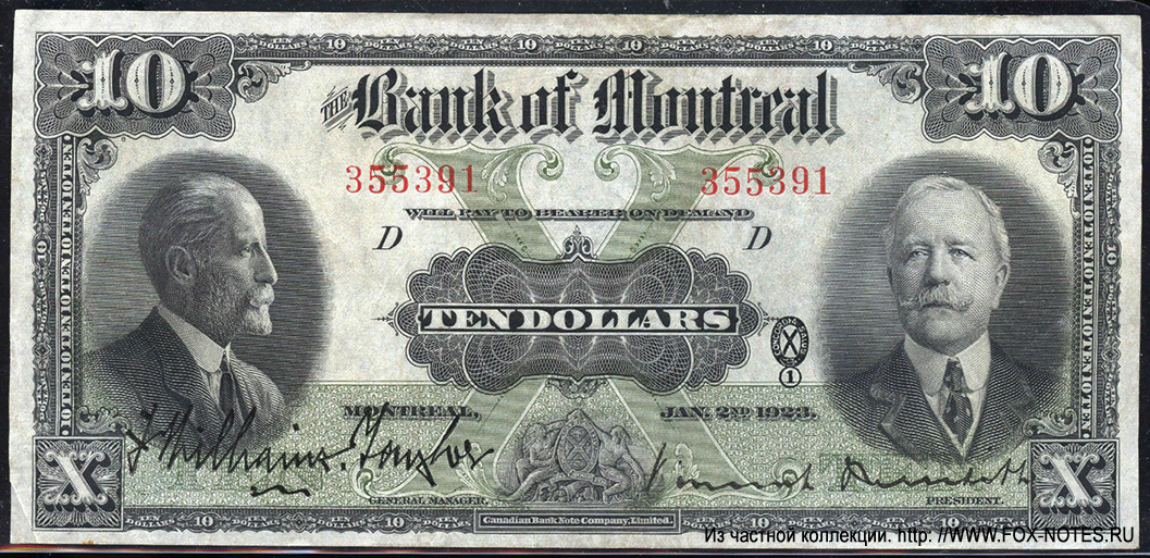 Bank of Montreal. Bank note. 10 Dollars. January 2, 1923