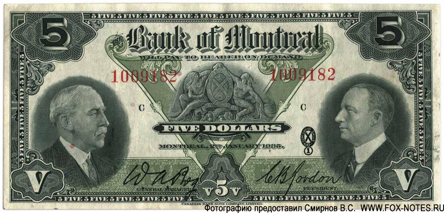 Bank of Montreal Bank note. 5 Dollars. January 2, 1935.