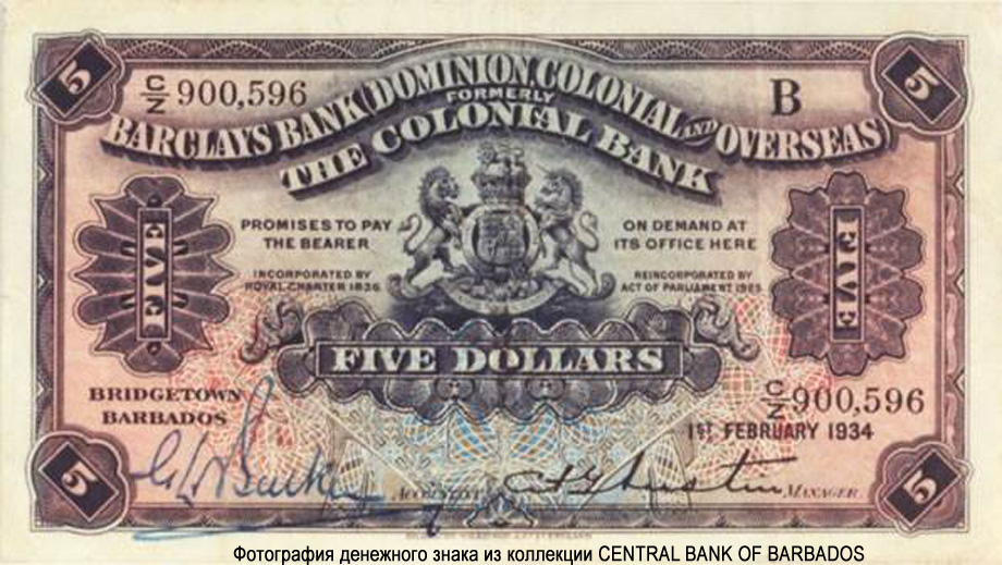Barclays Bank (Dominion, Colonial & Overseas) 5 Dollars 1934