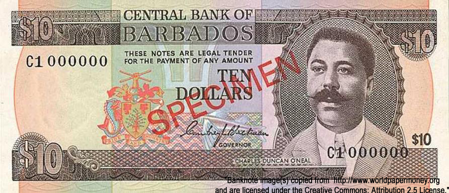  Central Bank of Barbados 10  1973 Specimen