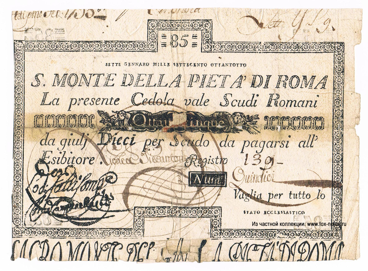 S. Monte Della Pieta' di Roma 85 scudi 1788