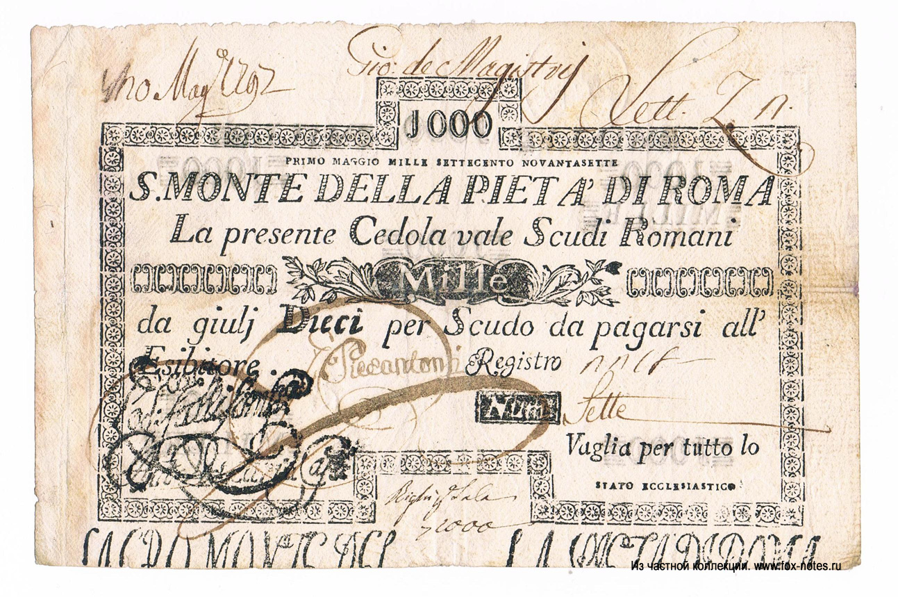 S. Monte Della Pieta' di Roma 1000 scudo 1797
