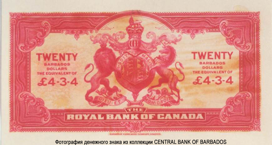 Royal Bank of Canada 20 Dollars = 4 Pounds 3 Shillings 4 Pence