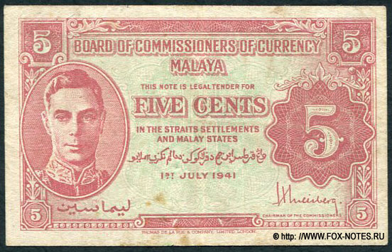 BOARD OF COMMISSIONERS OF CURRENCY MALAYA 5 CENTS 1941