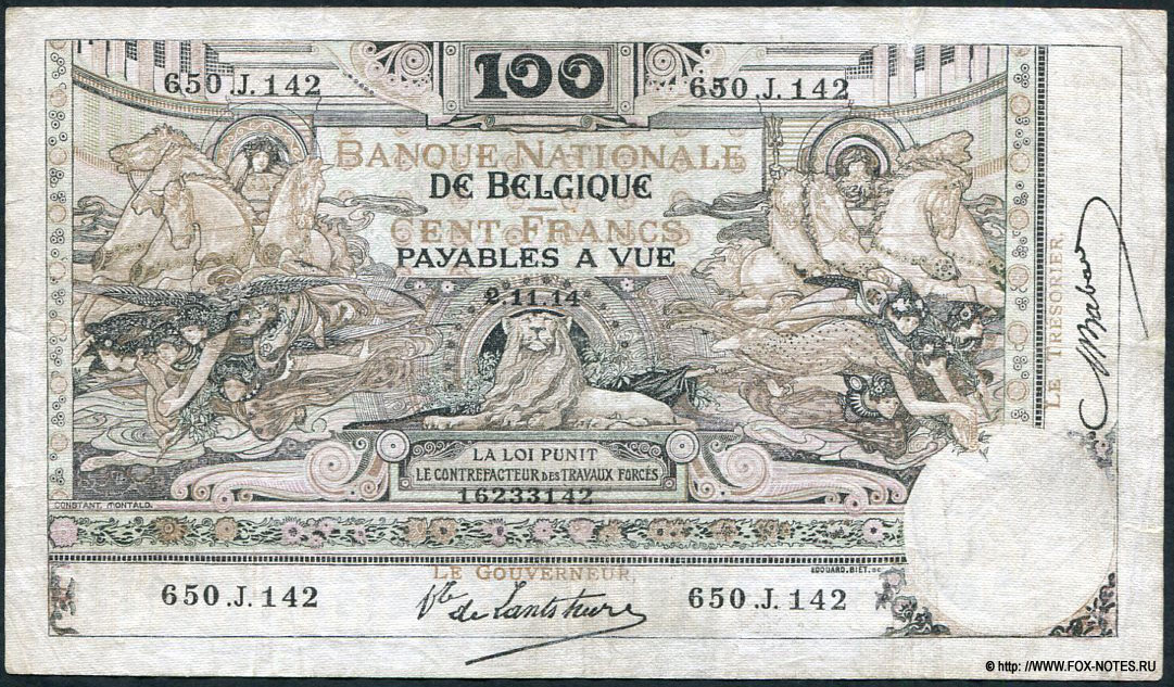 Banque Nationale de Belgique 100 francs 1914  Babau, De Lantsheere