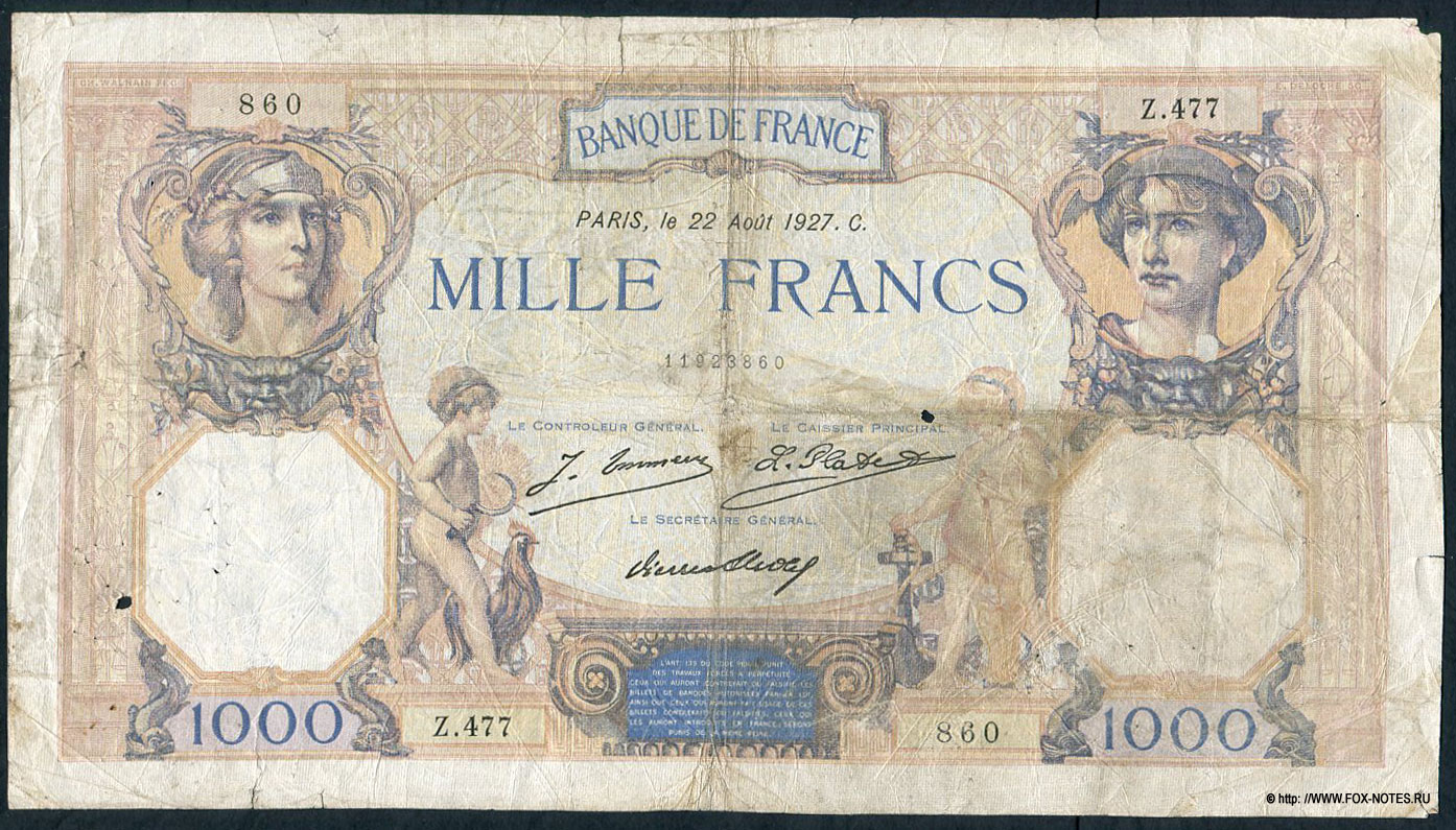  Banque de France 1000  1927 "Cérès et Mercure"