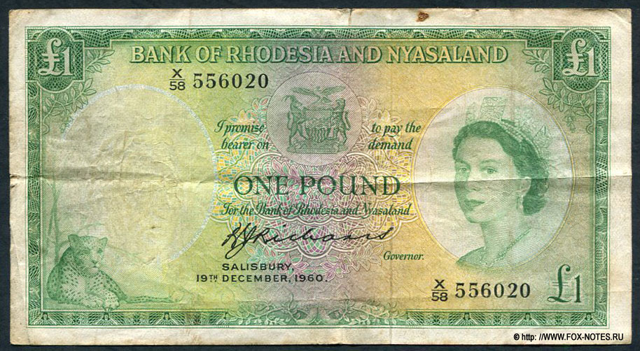 Bank of Rhodesia and Nyasaland 1 pound 19th DECEMBER 1960.