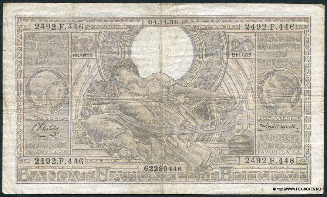 Banque Nationale de Belgique.  100  = 20  1936