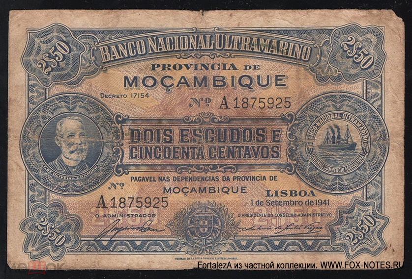 Banco Nacional Ultramarino Provincia de Mozambique 2$50 escudos 1941
