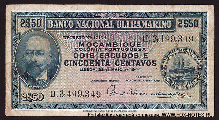 Banco Nacional Ultramarino Provincia de Mozambique 2$50 escudos 1944