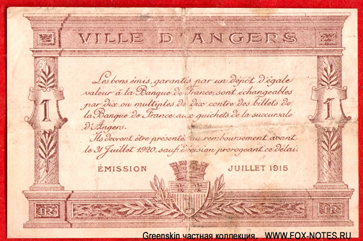 Chambre de Commerce de'Angers et de M & L 1 franc EMISSION JUILLET 1915