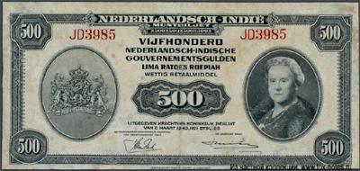 Nederlands Indië Muntbiljet 500 Nederlandsch-Indische Gouvernementsgulden 1943