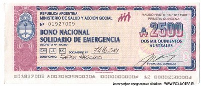 República Argentina Ministerio de Salud y Accion Social. BONO NACIONAL SOLIDARIO DE EMERGENCIA Decreto 400/89