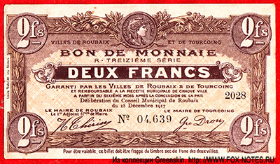 Villes de Roubaix et de Tourcoing 2 francs 1917