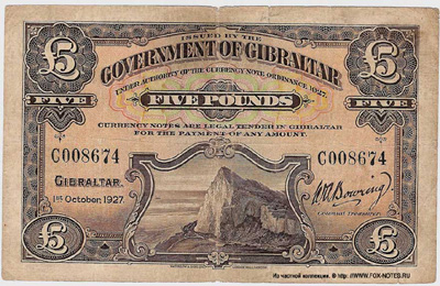 Government of Gibraltar. Currency Note. 5 pounds 1927