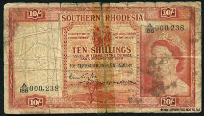 Central Africa Currency Board Currency note 10 shillings 1955.