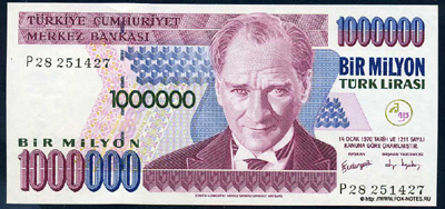 Banknotlari 1000000 Türk Lirasi 1970.