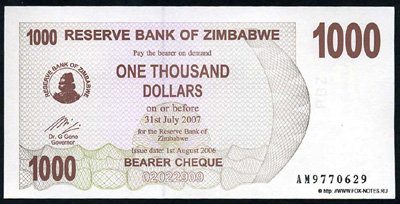 Reserve Bank of Zimbabve Beares check. 1000 dollars 2006.