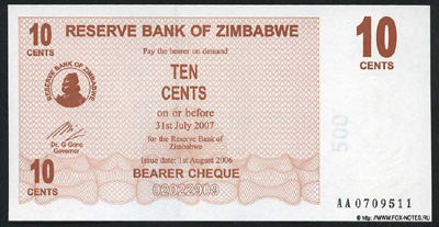 Reserve Bank of Zimbabve Beares check. 10 cents 2006.