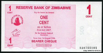 Республика Зимбабве. Reserve Bank of Zimbabve. Bearer cheque. 2006.