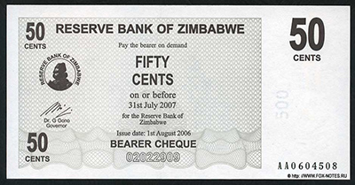Reserve Bank of Zimbabve Beares check. 50 cents 2006.
