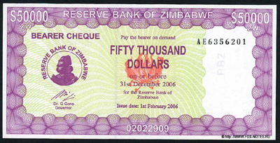 Reserve Bank of Zimbabve Beares check. 50000 dollars. 2006