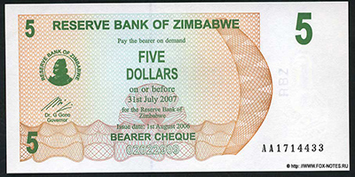 Reserve Bank of Zimbabve Beares check. 5 dollars 2006.