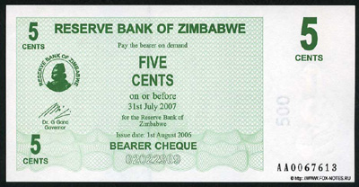 Reserve Bank of Zimbabve Beares check. 5 cents 2006.