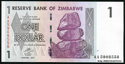 Reserve Bank of Zimbabve Bearer cheque.  1 dollar 2007 (2008)
