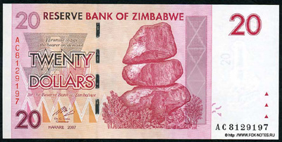 Reserve Bank of Zimbabve Bearer cheque. 20 dollars 2007 (2008)