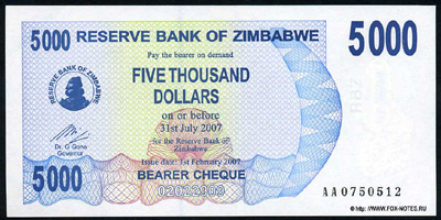 Reserve Bank of Zimbabve  Beares check. 5000 dollars 2007.