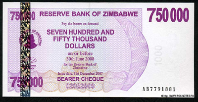 Reserve Bank of Zimbabve  Beares check. 750000 dollars 2007.