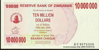 Reserve Bank of Zimbabve  Beares check.10000000 dollars 2008.