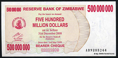 Reserve Bank of Zimbabve  Beares check. 500000000 dollars 2008.