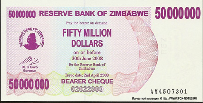 Reserve Bank of Zimbabve  Beares check.50000000 dollars 2008.